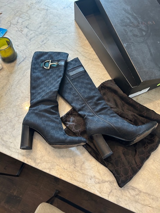 Gucci Shoes - Gucci Black Monogram Stretch Logo Knee Boots with Block Heel and gold accent